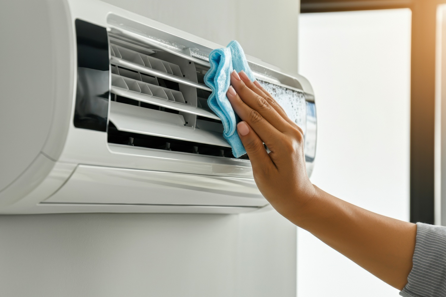 Cleaning an air conditioning unit in a bright and modern room during the day