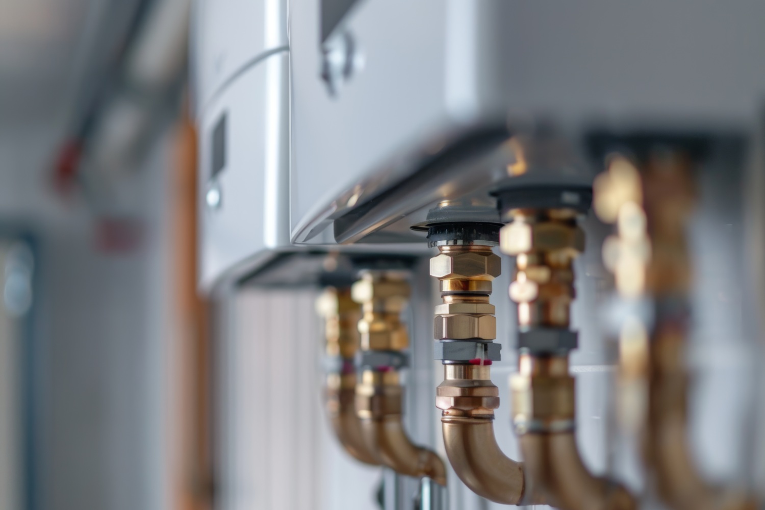 Gas water heater installation featuring piping and fittings in a residential area