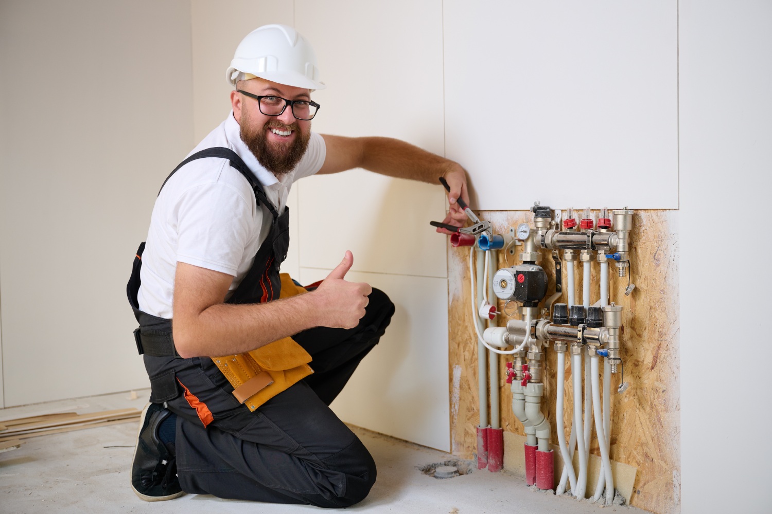 Man adjusting the heating system in a new apartment. Plumber adjusting heat on the central system valves. Service man adjusting house heating system
