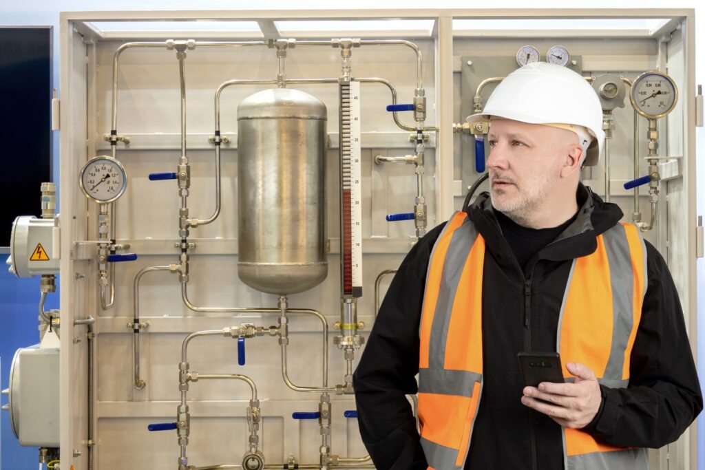 Man engineer near boiler equipment. Reservoirs tubes for home heating. Man engineer holding phone